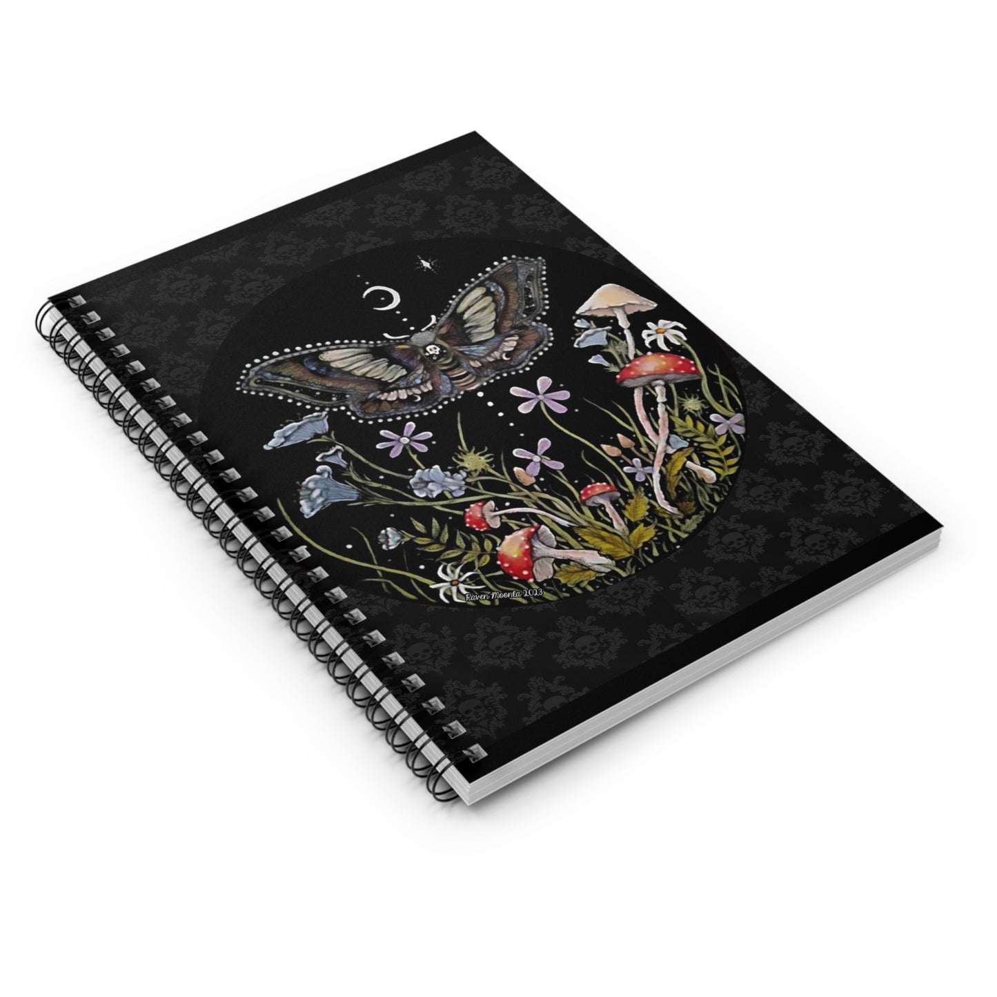 Moth, Mushroom, and Floral Art by Raven Moonla - Spiral Notebook - Ruled Line