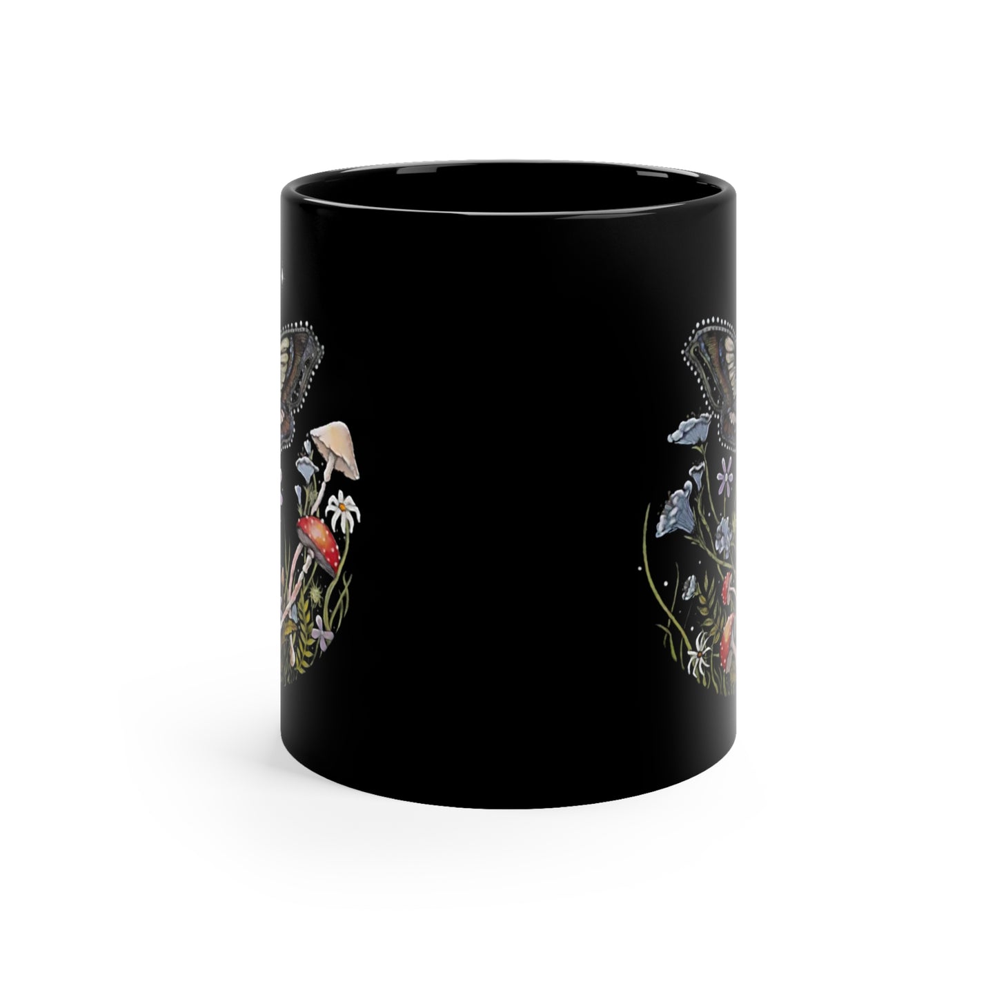 Moth, Mushroom, and Floral ARt by Raven Moonla Black Coffee Mug, 11oz