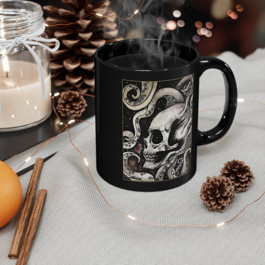 11oz Black Mug with OctoSkull Art by Raven Moonla