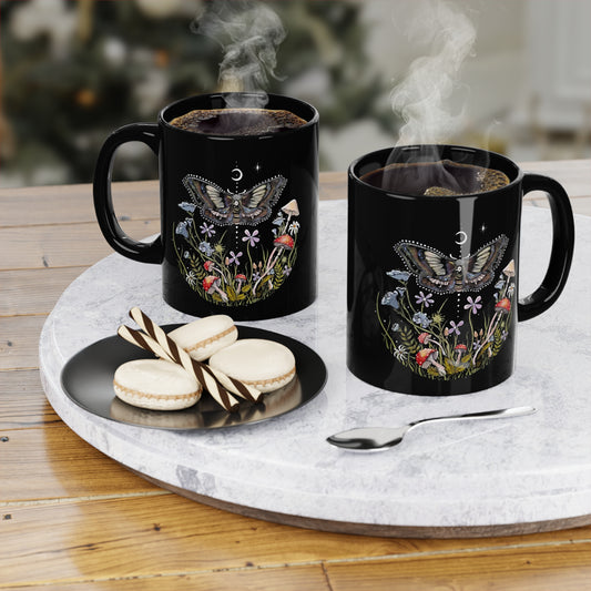 Moth, Mushroom, and Floral ARt by Raven Moonla Black Coffee Mug, 11oz