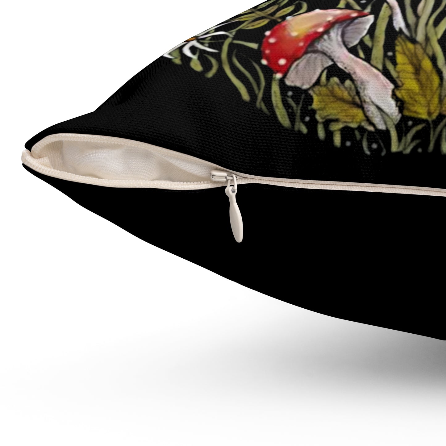 Spun Polyester Square Pillow with Moth, Mushroom, and Floral Art by Raven Moonla