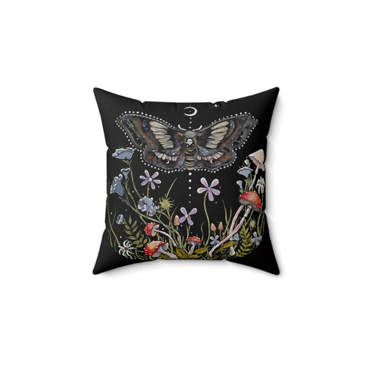 Spun Polyester Square Pillow with Moth, Mushroom, and Floral Art by Raven Moonla