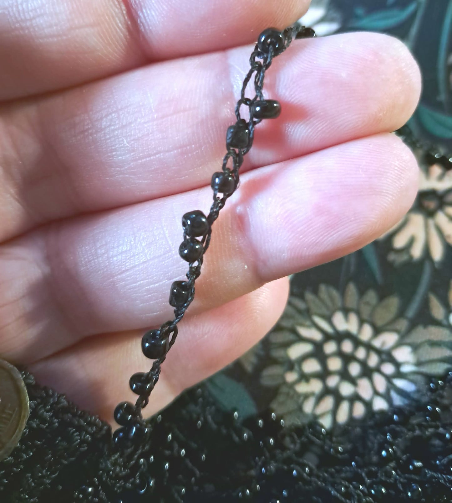 Vintage Black Beaded Collar Necklace, Crocheted, Glass Beads