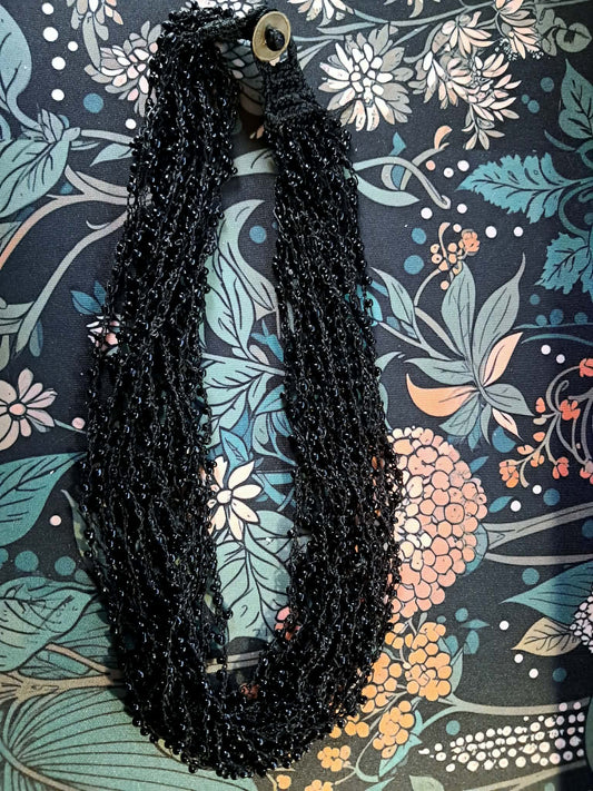 Vintage Black Beaded Collar Necklace, Crocheted, Glass Beads