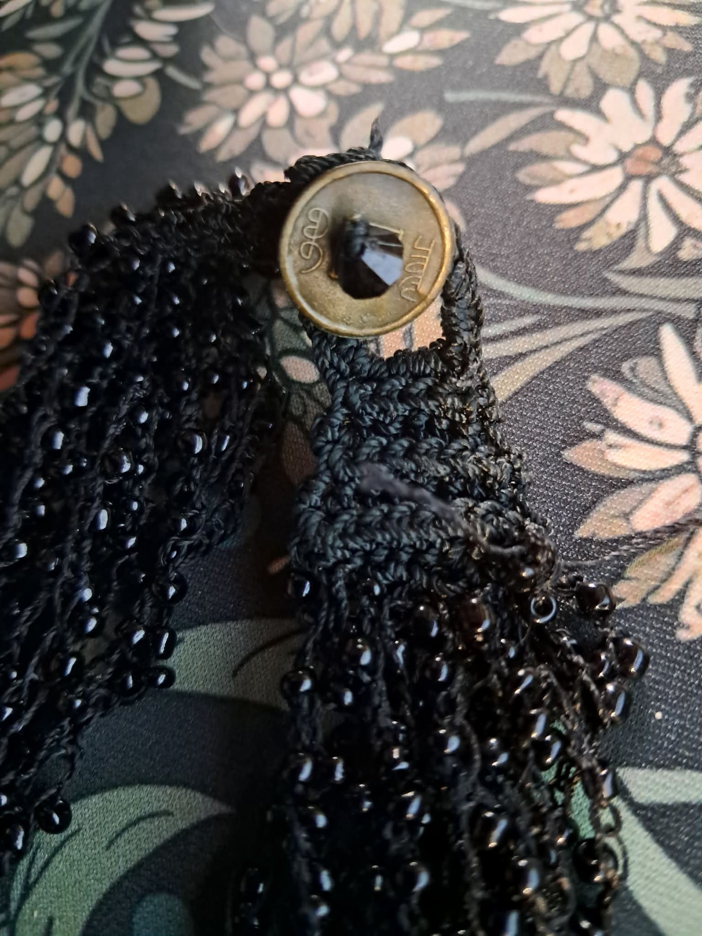 Vintage Black Beaded Collar Necklace, Crocheted, Glass Beads