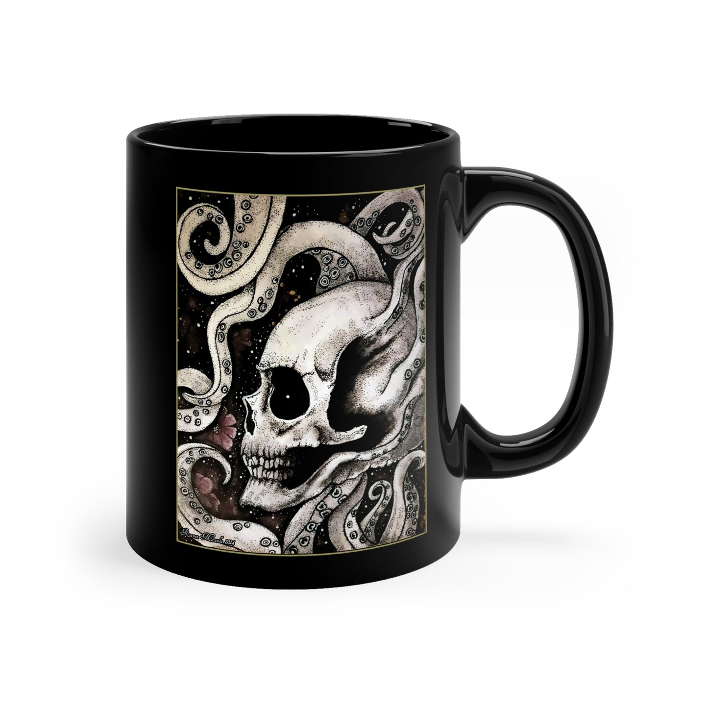11oz Black Mug with OctoSkull Art by Raven Moonla
