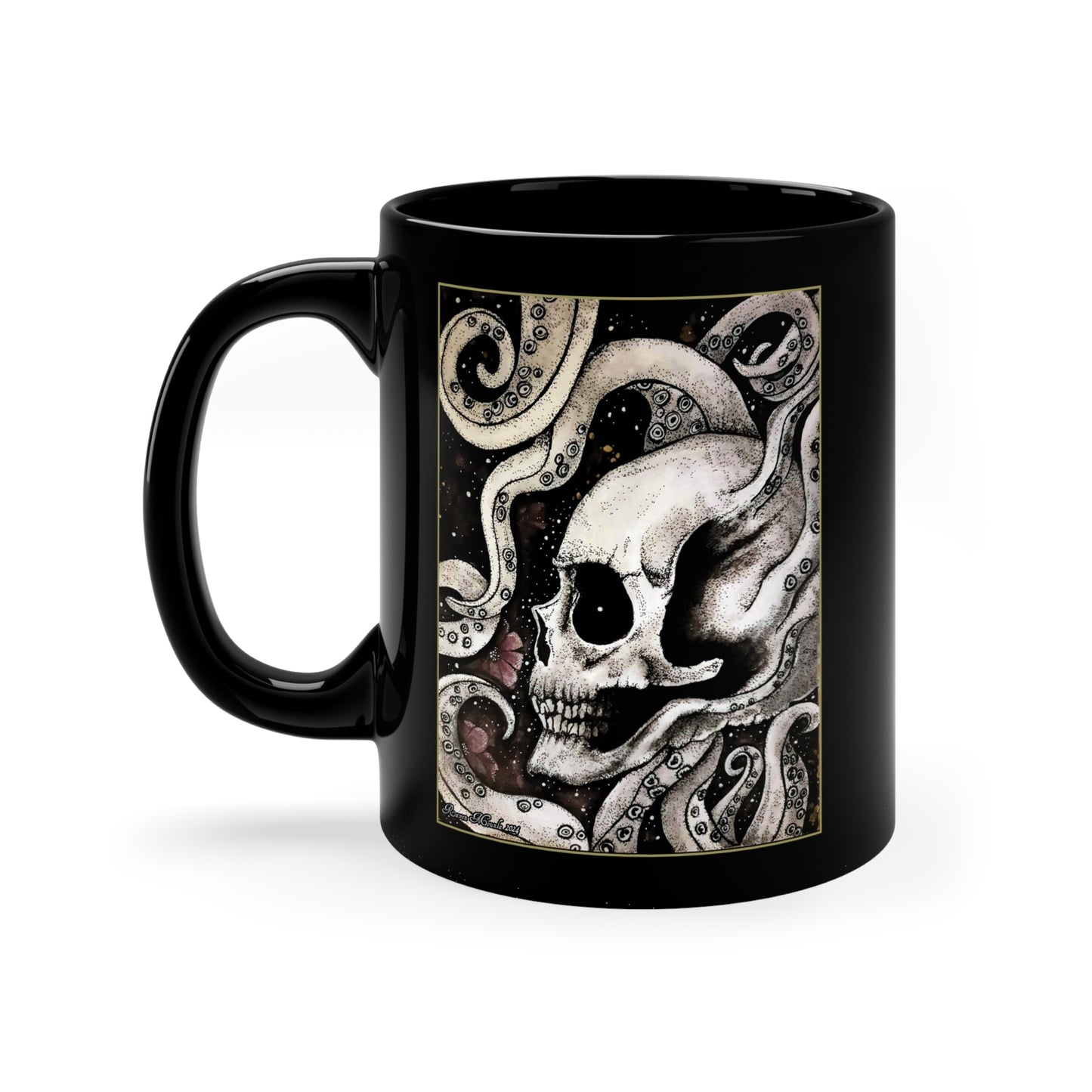 11oz Black Mug with OctoSkull Art by Raven Moonla