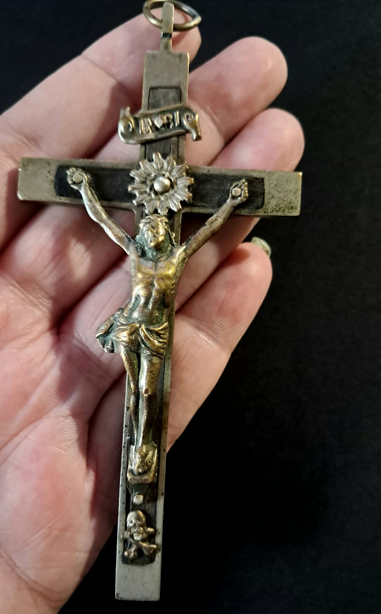 Antique Iron & Wood Memento Mori Crucifix  - Late 1800’s- early 1900’s European