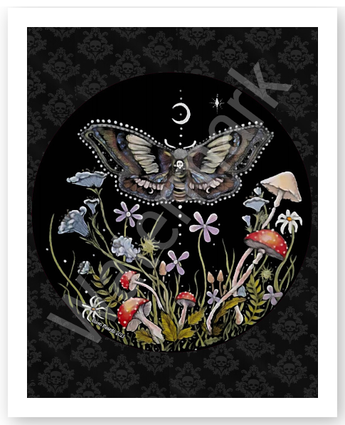 11"x14" Giclee Moth, Mushroom, and Floral Art Print by Raven Moonla