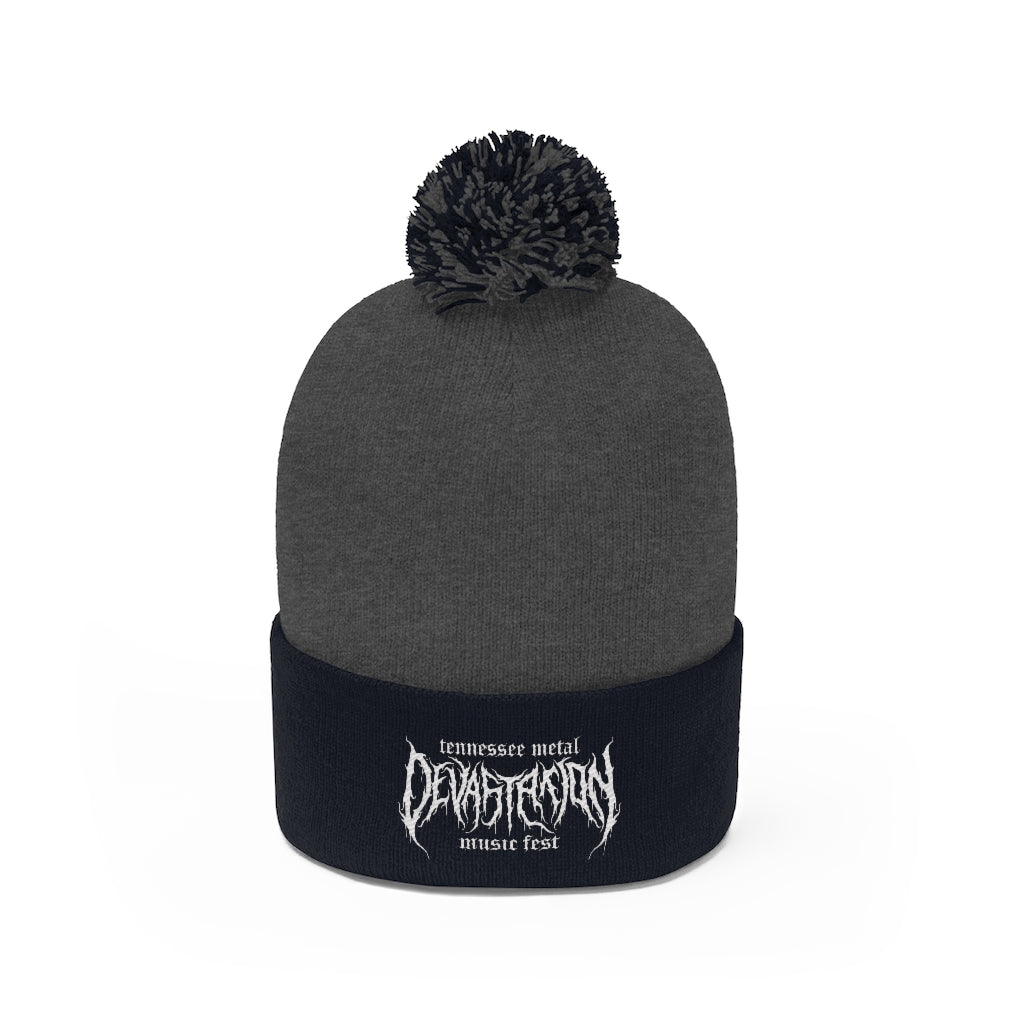 TMDMF White Embroidered Logo Pom Pom Beanie
