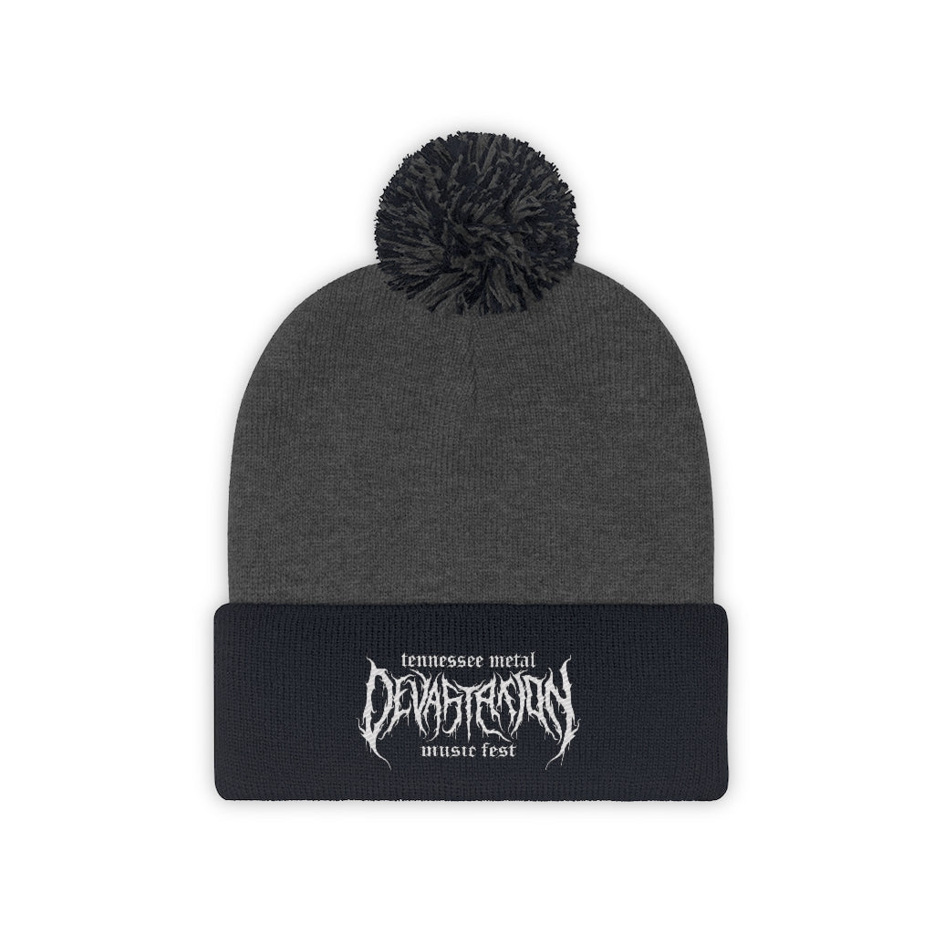 TMDMF White Embroidered Logo Pom Pom Beanie