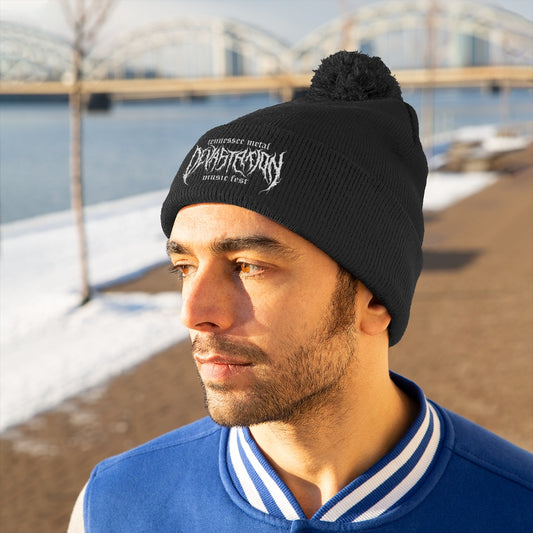 TMDMF White Embroidered Logo Pom Pom Beanie
