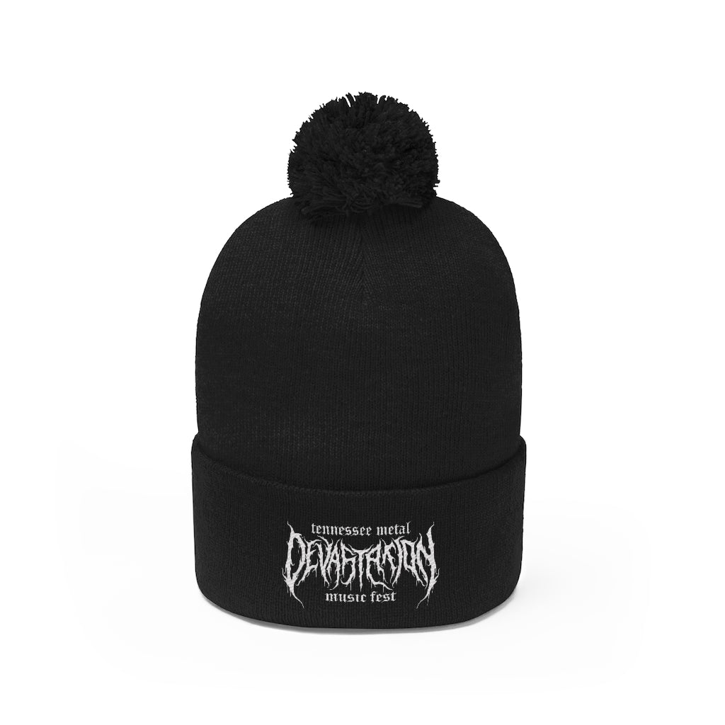 TMDMF White Embroidered Logo Pom Pom Beanie
